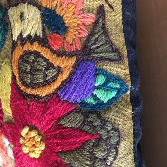 Vintage Finished Crewel Embroidery Repurposed Floral Rectangular Accent Pillow - Picture 13 of 16